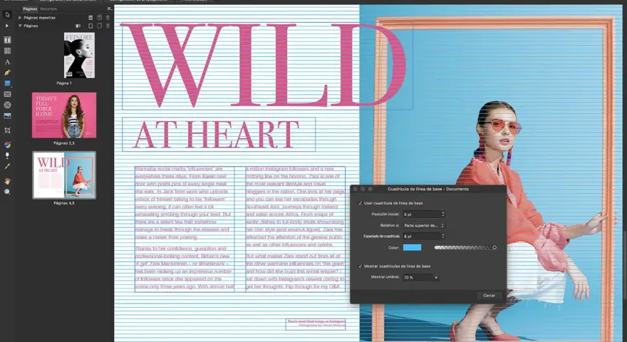 Diseño de revista en InDesign. Se muestra la interfaz con el texto "WILD AT HEART" y una foto de modelo. InDesign sirve para maquetación profesional.