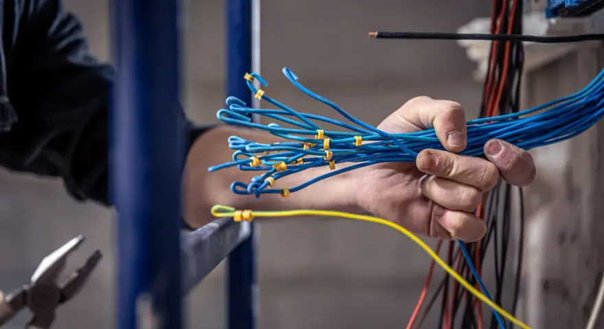Mano sujetando un manojo de cables azules, preparándose para un trabajo de grado superior electricidad.