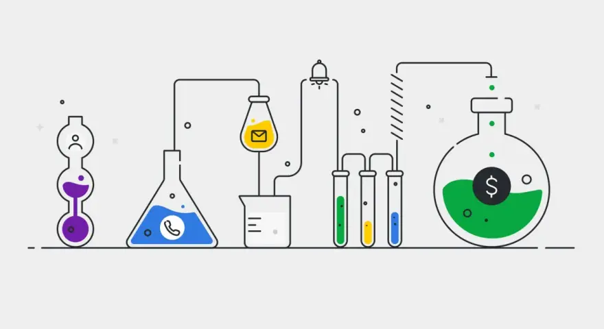 Experimento de laboratorio para la dirección comercial: un teléfono, un sobre y un símbolo de dólar fluyen a través de tubos de ensayo hacia un matraz con dinero.