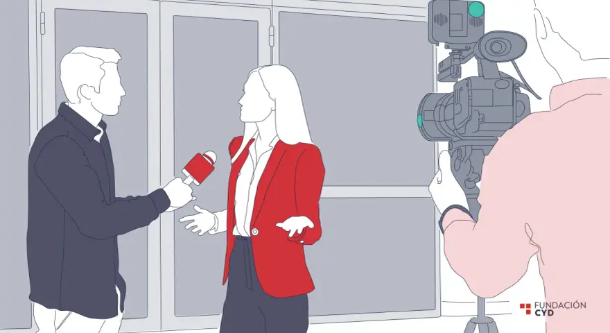 Periodista entrevista a una mujer frente a una cámara. Un paso clave en la comunicación social carrera.