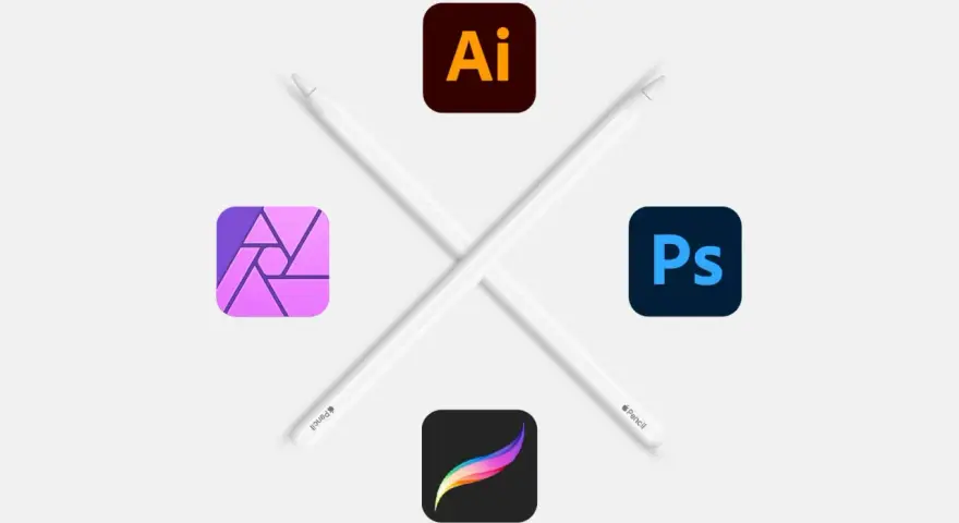 Iconos de programas de diseño gráfico como Adobe Illustrator, Photoshop, Affinity Designer y Procreate, junto a lápices digitales. ¡Explora opciones de programa diseño gráfico gratis!