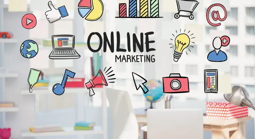 Ilustraciones de marketing digital: cómo empezar en marketing digital, con iconos de redes sociales, gráficos y un portátil.