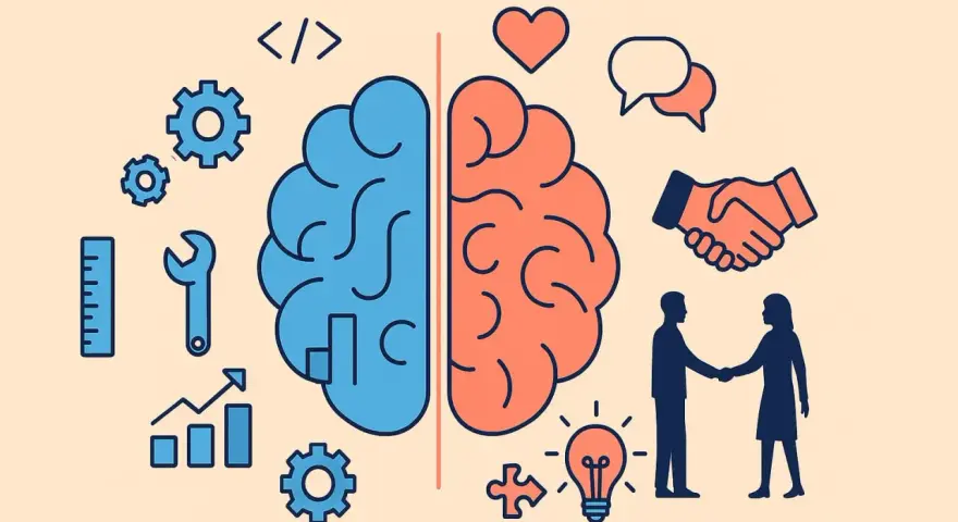 Cerebro dividido: lógica (engranajes, código) y empatía (corazón, apretón de manos). Representa que son los soft skills, esenciales para el éxito.