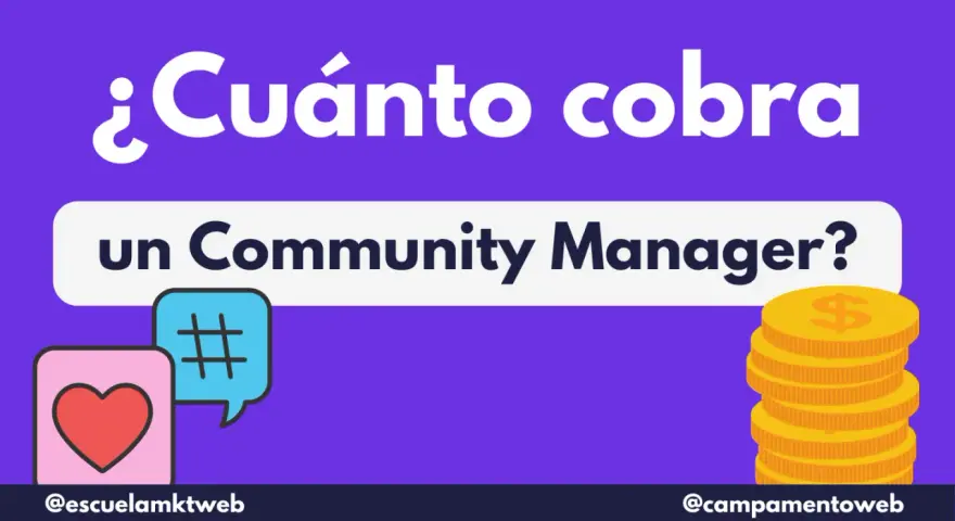 ¿Cuánto cobra un Community Manager? Iconos de corazón, hashtag y pila de monedas doradas.