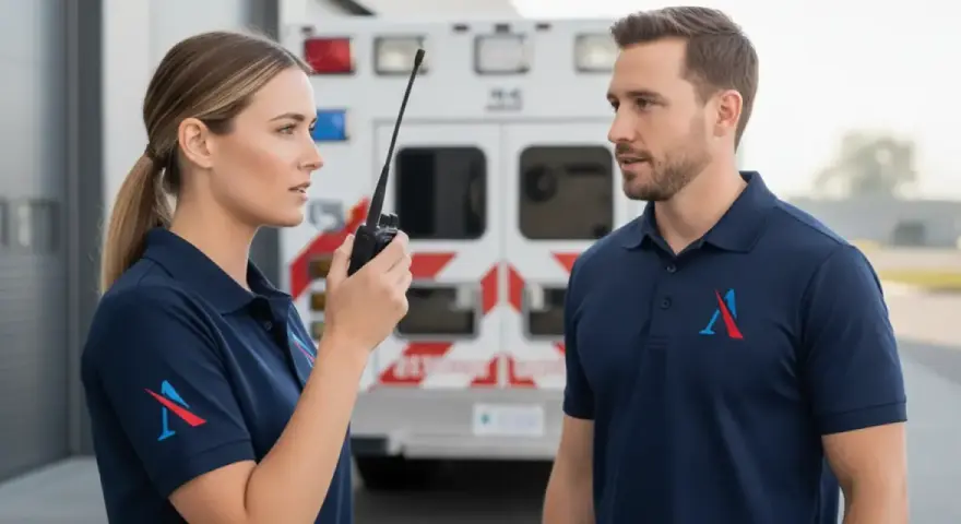 Técnico emergencias sanitarias, mujer con walkie-talkie y hombre con uniforme, frente a una ambulancia.