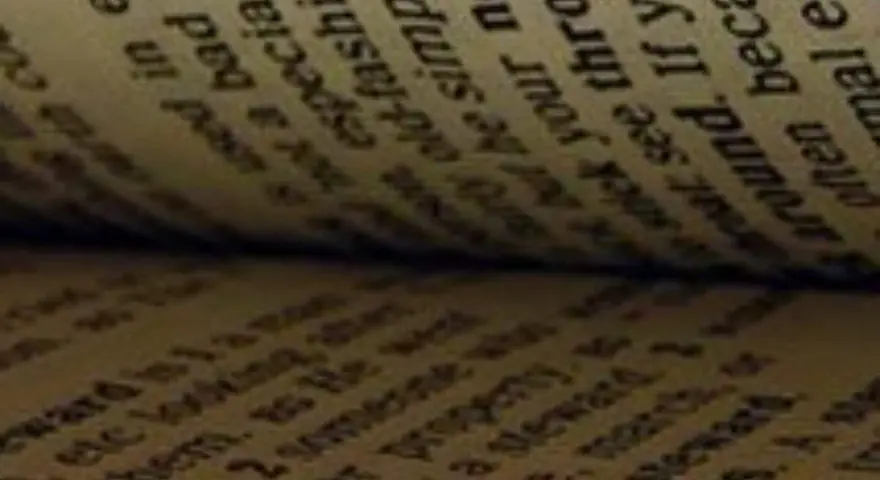 Páginas de un libro abierto, con texto en inglés. Se lee "old", "bad", "fashion", "throat", "around", "because", "often", "exp".