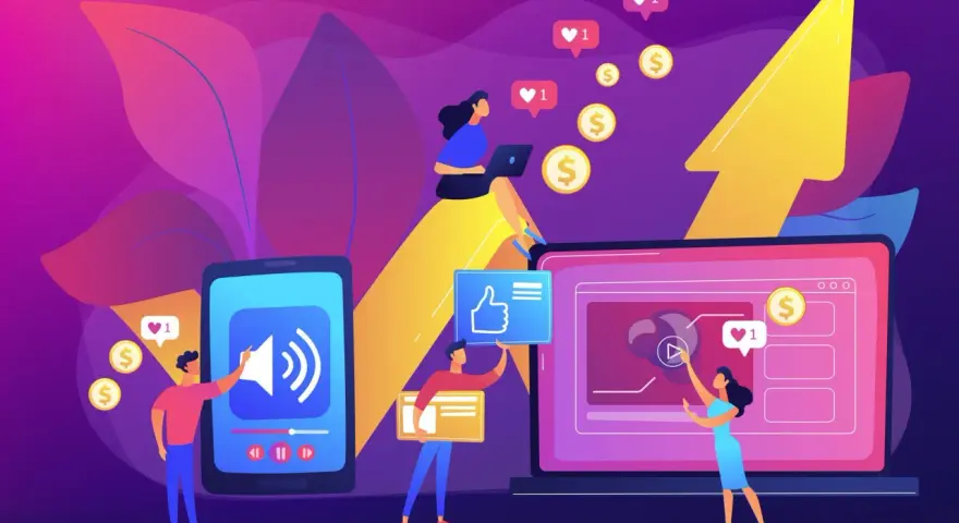 Un responsable de marketing digital interactúa con pantallas, monetizando contenido y obteniendo likes.