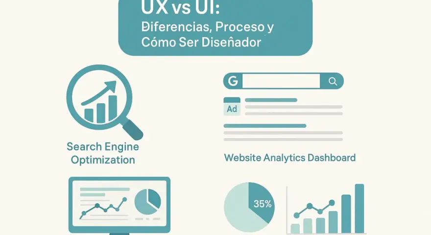 Ilustración sobre UX vs UI, mostrando optimización de motores de búsqueda, análisis web y métricas SEO.