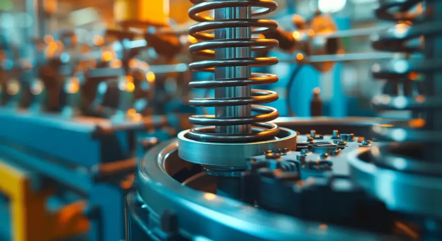 Detalle de maquinaria industrial con resorte. El diseño y la precisión son clave para saber cuanto cobra un ingeniero mecánico.