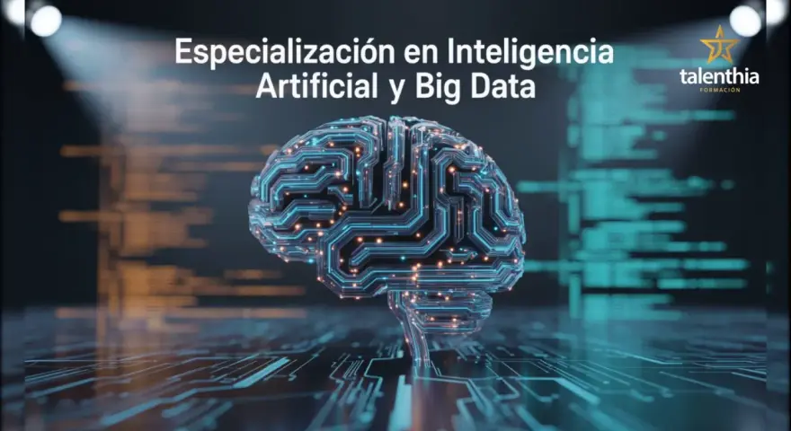 Curso de especialización en inteligencia artificial y big data online. Cerebro digital con circuitos y luces, fondo de código.