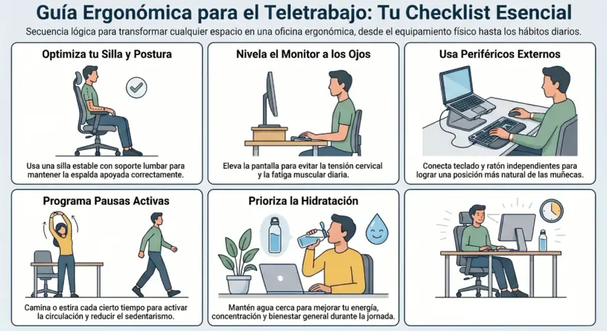 Guía ergonómica para teletrabajar: optimiza silla, monitor, periféricos, pausas y hidratación para un espacio de trabajo saludable.