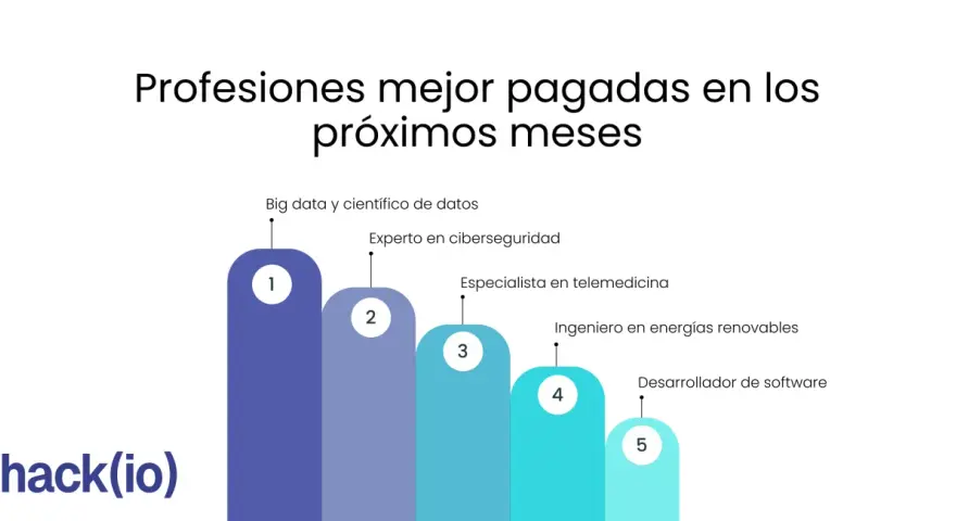 Gráfico muestra las profesiones mejor pagadas en los próximos meses: Big data, ciberseguridad, telemedicina, energías renovables y desarrollo de software.