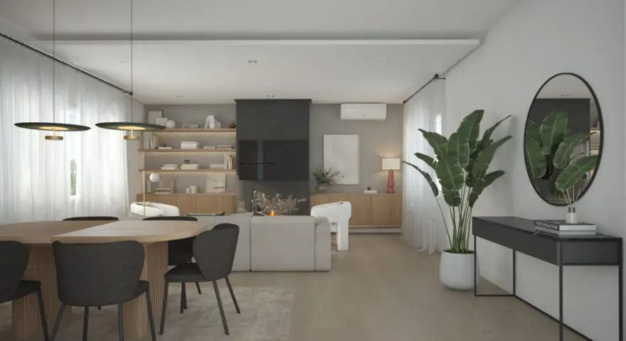Un elegante salón moderno con mesa de comedor, sofás, estanterías y una consola. El diseño de espacios interiores crea un ambiente acogedor y sofisticado.