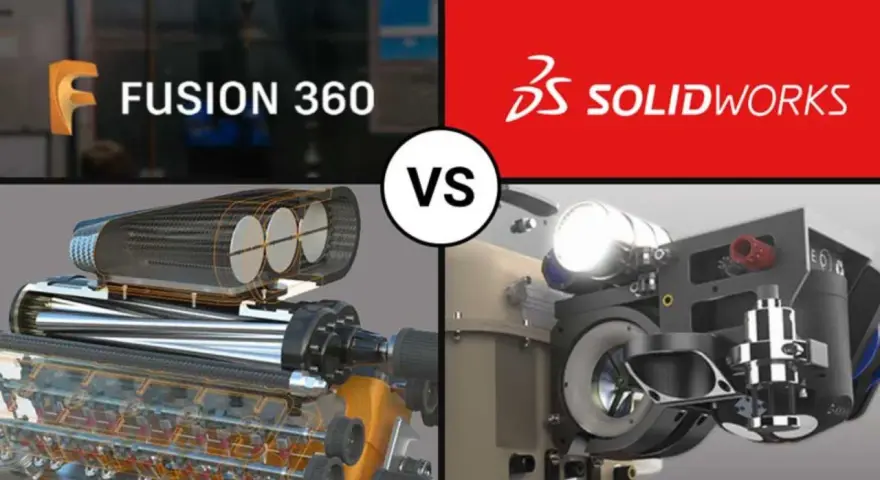 Comparativa de diseños mecánicos: Fusion 360 vs SolidWorks. Izquierda: motor detallado. Derecha: componente complejo.