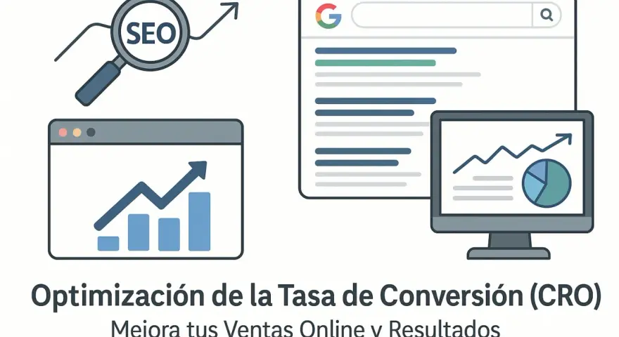 Gráficos de crecimiento y lupa con "SEO" ilustran la optimización de la tasa de conversión (CRO) para mejorar ventas.