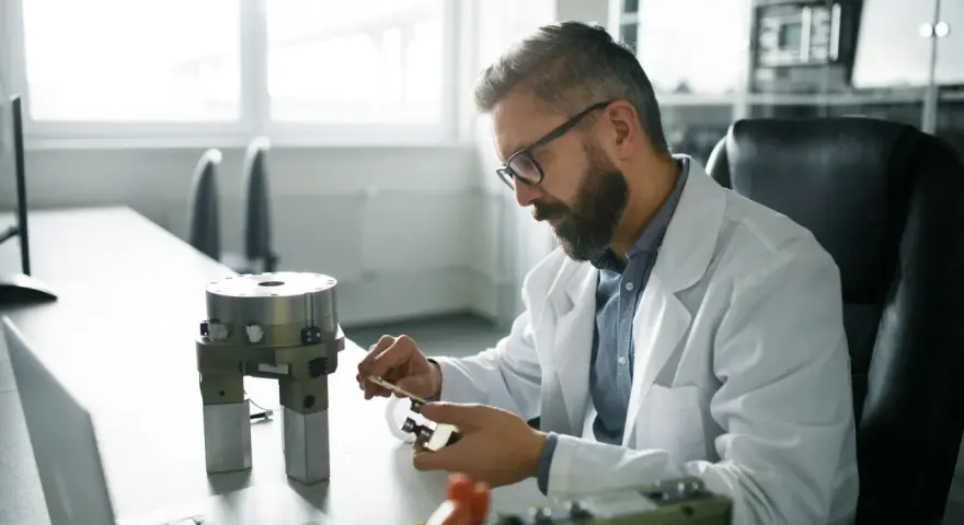 Ingeniero biomédico trabajando en un laboratorio, investigando cuánto cobra un ingeniero biomédico.