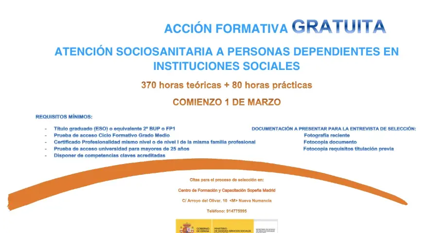 Acción formativa gratuita: atención sociosanitaria en instituciones sociales. Requisitos, documentación y citas para el curso que comienza el 1 de marzo.