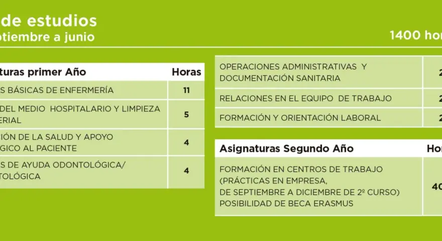 Plan de estudios del grado medio de auxiliar de enfermería, con asignaturas del primer y segundo año, incluyendo prácticas.