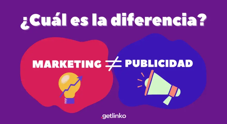 ¿Cuál es la diferencia? Marketing (bombilla con flecha ascendente) ≠ Publicidad (megáfono). Una guía visual para entender el marketing y la publicidad.