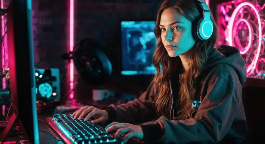 Mujer con auriculares jugando en un PC con luces de neón. Se pregunta cuanto cobra un programador de videojuegos.