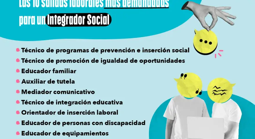 Las 10 salidas laborales para un Integrador Social, clave para la **integración social**. Incluye roles como técnico de inserción y educador.