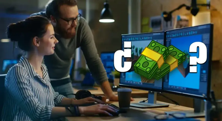 ¿Cuánto cobra un diseñador de videojuegos? Dos personas trabajan en monitores con gráficos de dinero y un signo de interrogación.
