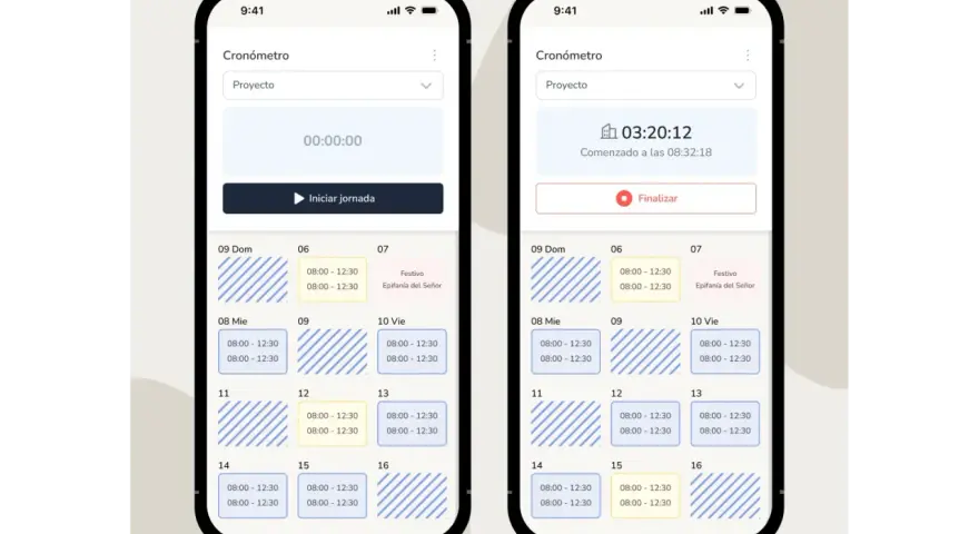 Dos pantallas de móvil muestran aplicaciones para hacer horarios de trabajo. Una con cronómetro y otra con un calendario de turnos.