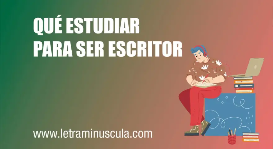 Un joven con auriculares escribe en un cuaderno, rodeado de libros y una laptop. Descubre qué estudiar para ser escritor en www.letraminuscula.com.