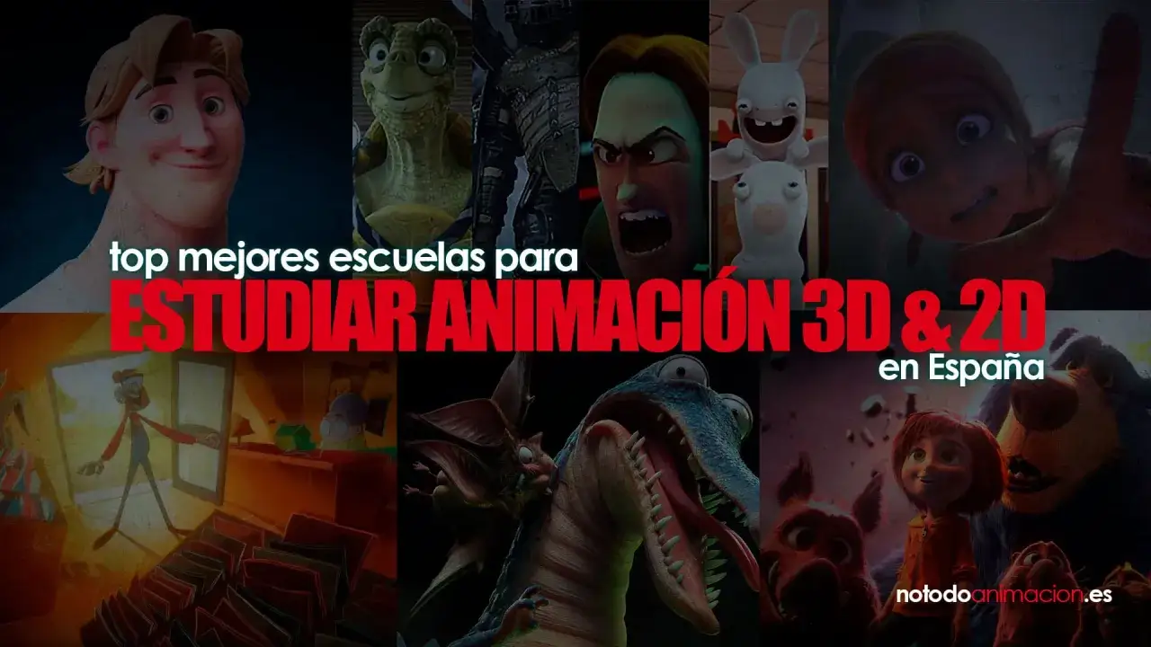 Collage de personajes animados, promocionando la carrera de animación 3D y 2D en España.