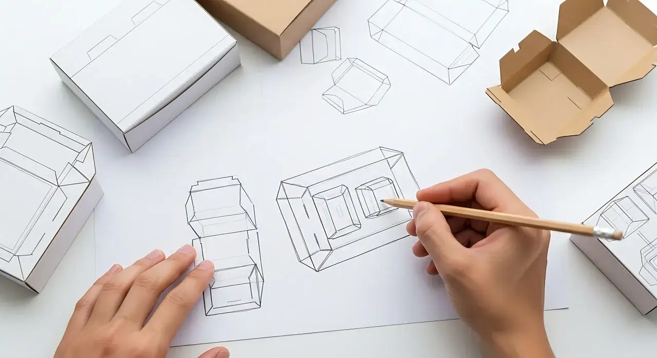 Un dise&ntilde;ador de producto dibuja bocetos de cajas, con prototipos de cart&oacute;n y papel blanco alrededor.