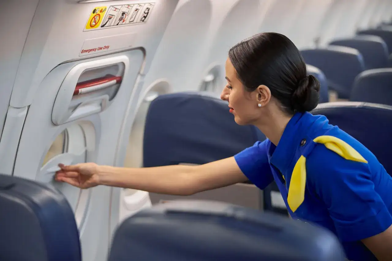 Una azafata de vuelo revisa un compartimento en un avi&oacute;n, con asientos azules al fondo.