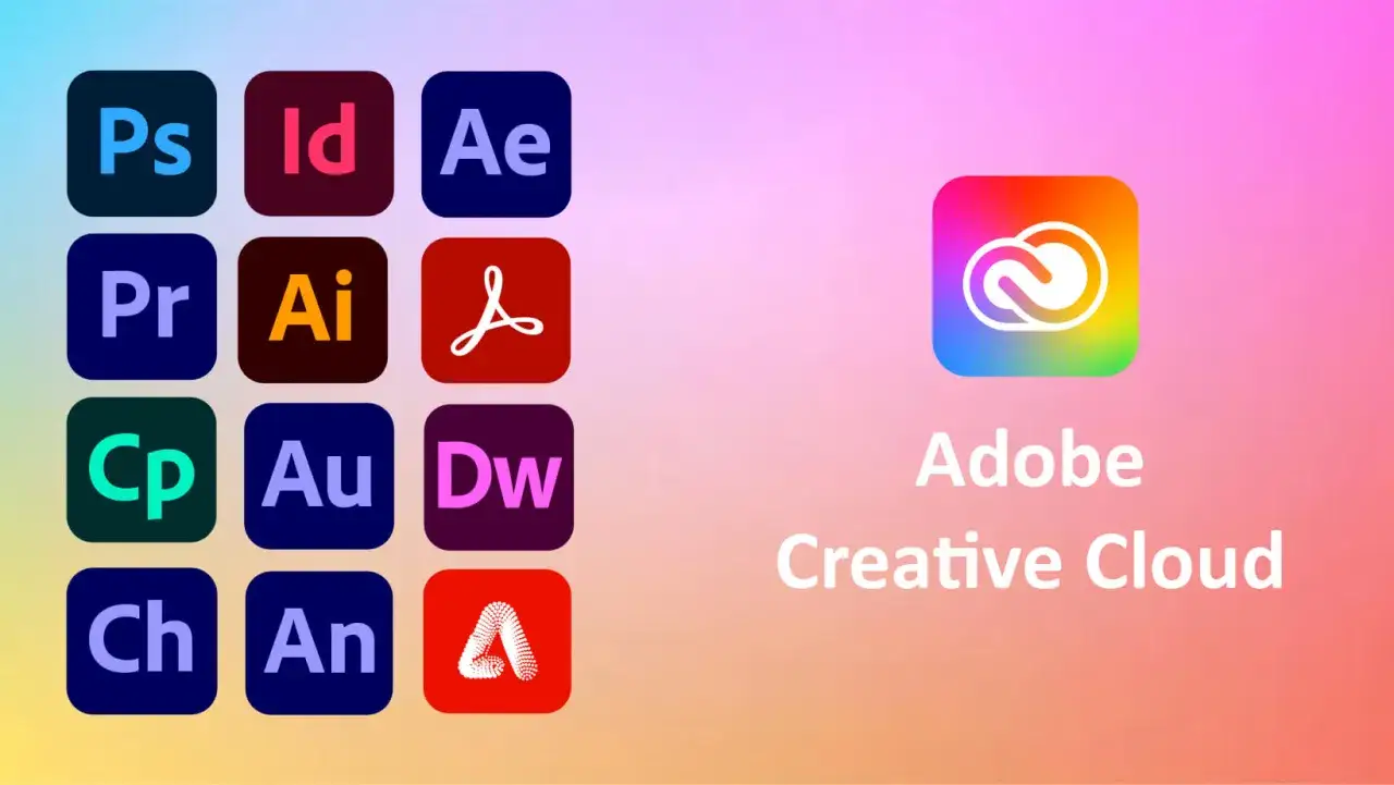 Iconos de aplicaciones de Adobe Creative Cloud, que es un conjunto de software de dise&ntilde;o gr&aacute;fico, edici&oacute;n de video y desarrollo web.