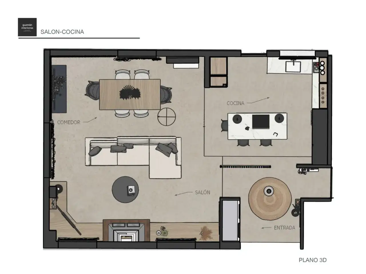 Plano de diseño de interiores de un salón-cocina con comedor, sofá, chimenea y isla de cocina.