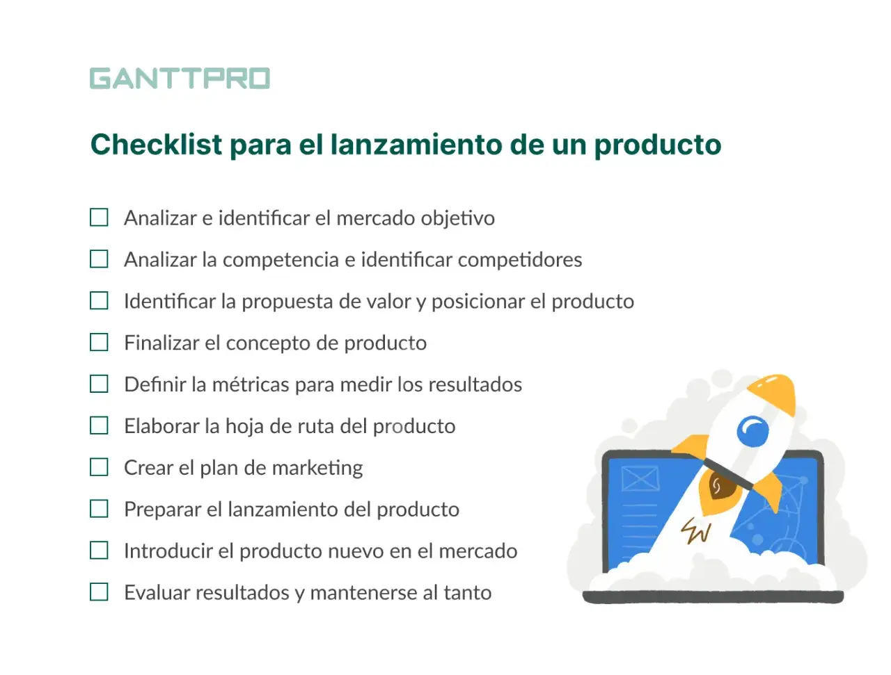 Checklist de lanzamiento de producto. Un marketing product manager usa esto para planificar el &eacute;xito.