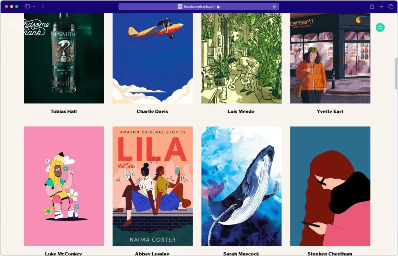 Un portafolio de dise&ntilde;o gr&aacute;fico con ilustraciones de una botella de ginebra, un avi&oacute;n, un hombre cuidando plantas, una tienda Carhartt, un personaje de l&aacute;piz, un libro, una ballena y una persona con un tel&eacute;fono.