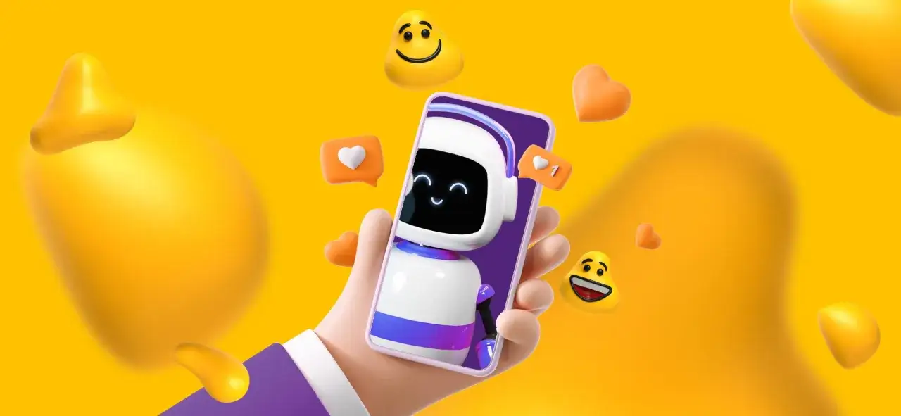Un robot amigable en un tel&eacute;fono, rodeado de emojis y corazones, como en motion graphics.