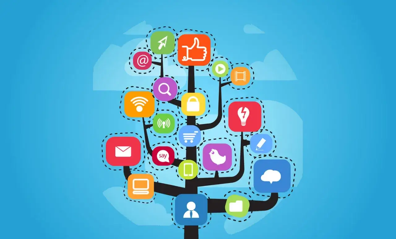 Árbol de iconos de redes sociales, como un community manager que conecta ideas y personas.
