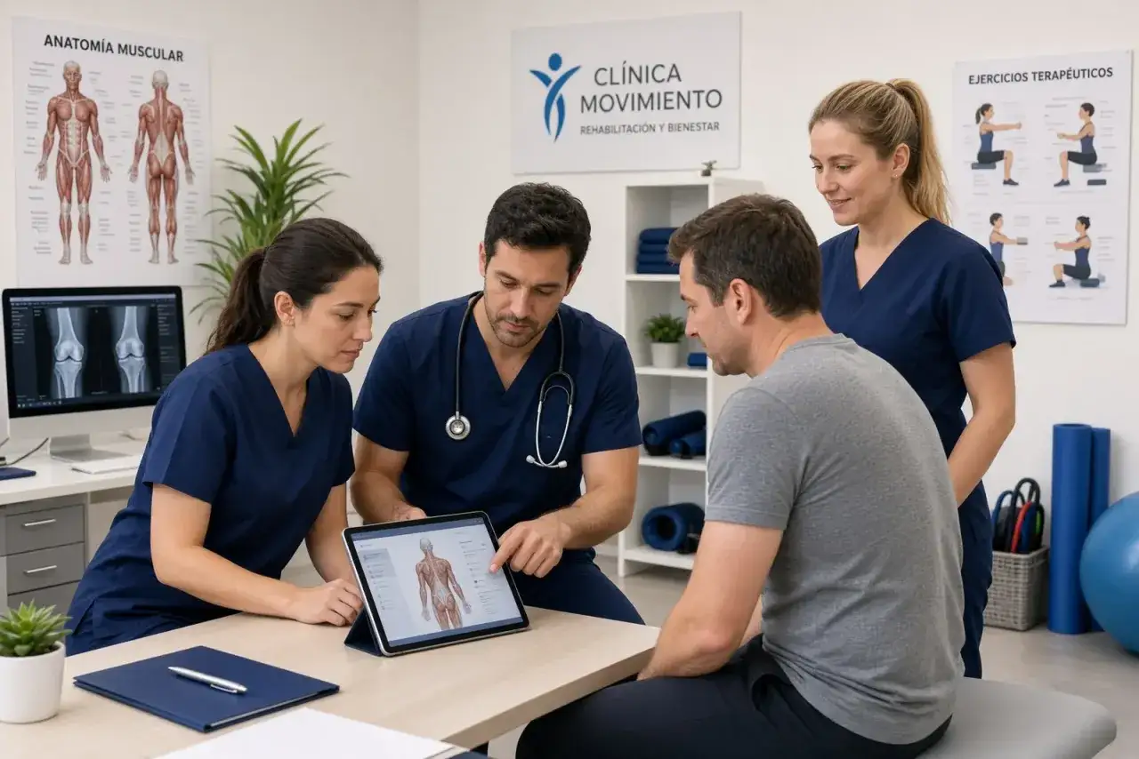 Profesionales de la salud explican un diagnóstico a un paciente, mostrando un modelo anatómico en una tablet. La consulta aborda cuánto cobra un fisioterapeuta.