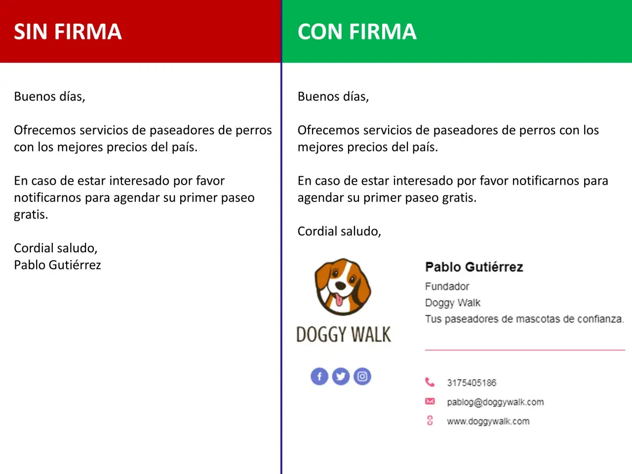 Demostración de cómo crear un correo profesional: izquierda sin firma, derecha con firma completa de 