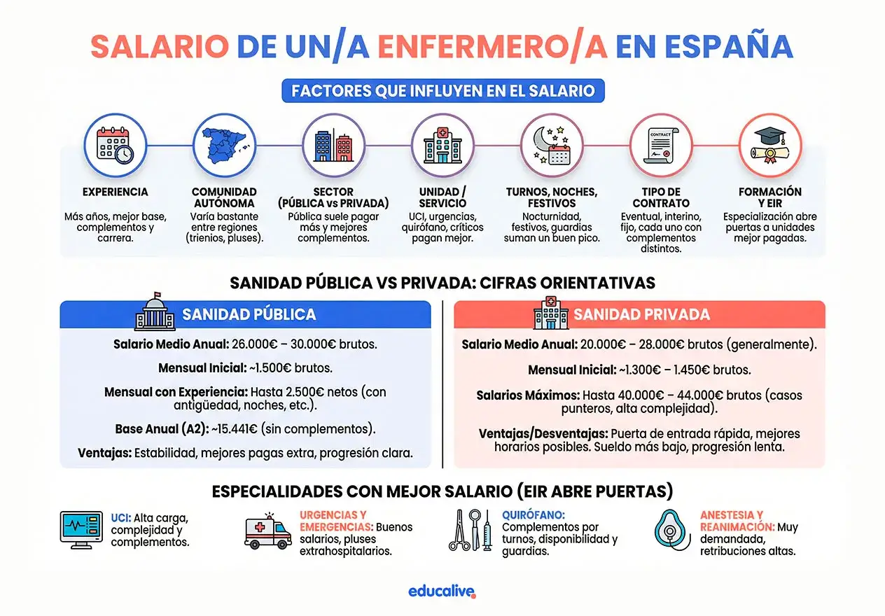 Gr&aacute;fico sobre cuanto gana una enfermera en Espa&ntilde;a, detallando factores como experiencia, comunidad aut&oacute;noma, sector p&uacute;blico/privado, unidad, turnos, contrato y formaci&oacute;n.