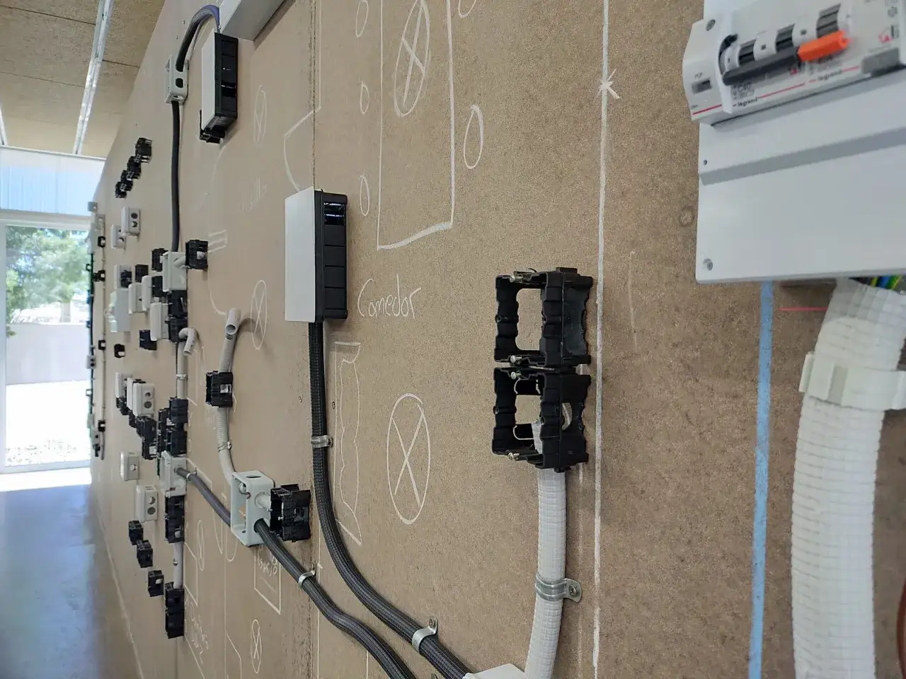 Instalación eléctrica en pared de madera, con cajas, tubos y cableado. Ideal para prácticas de grado superior electricidad.