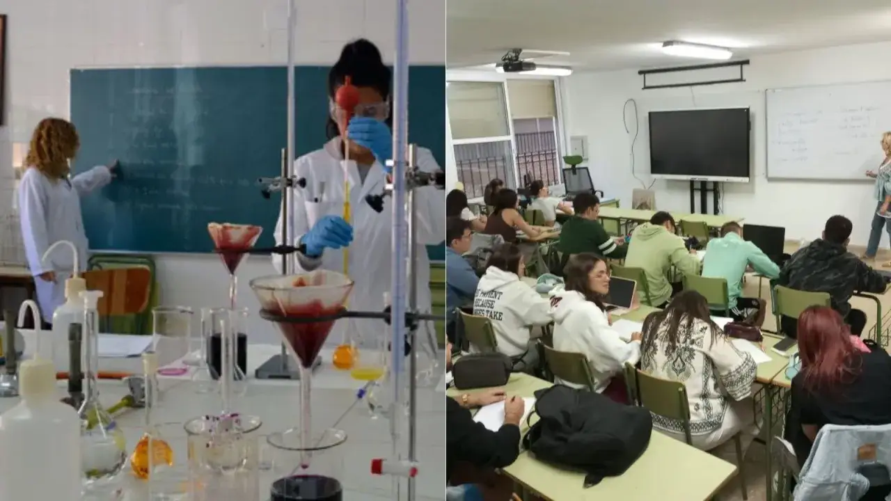 Clase de qu&iacute;mica y aula con estudiantes en Huelva. J&oacute;venes aprendiendo en grados superiores.