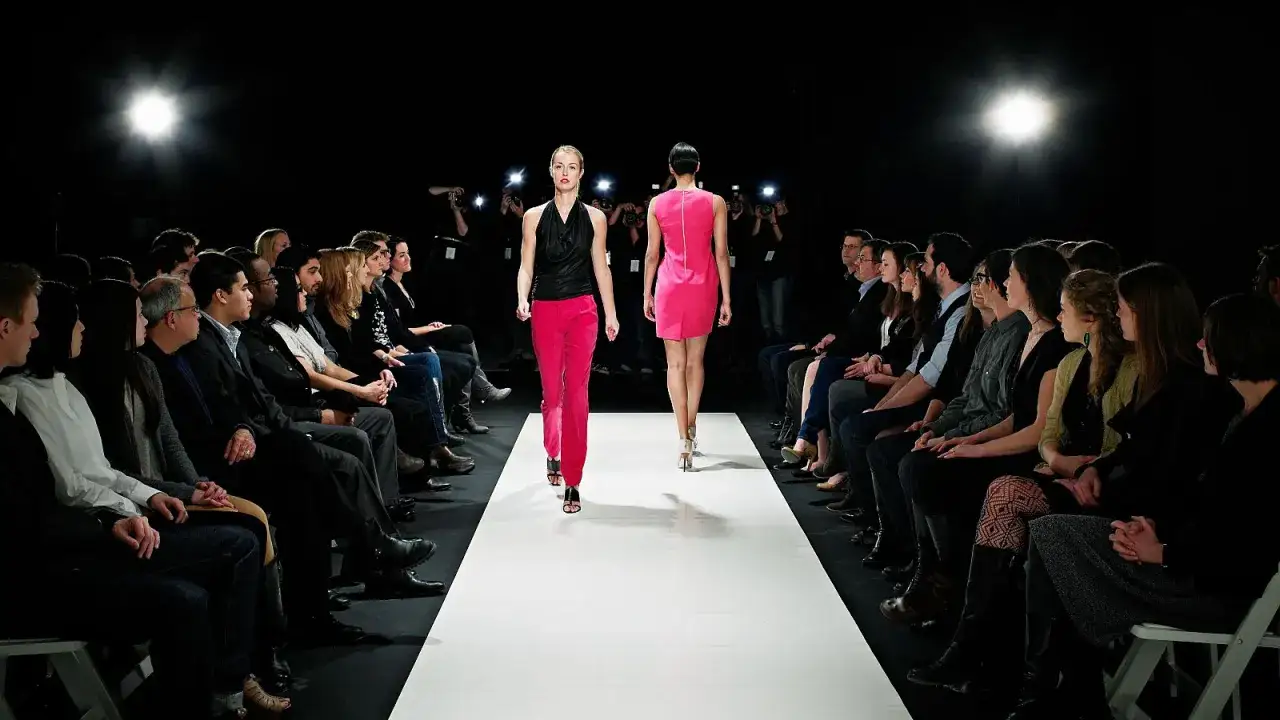Modelos desfilan en pasarela. El p&uacute;blico observa, inspirados para estudiar dise&ntilde;o de moda.