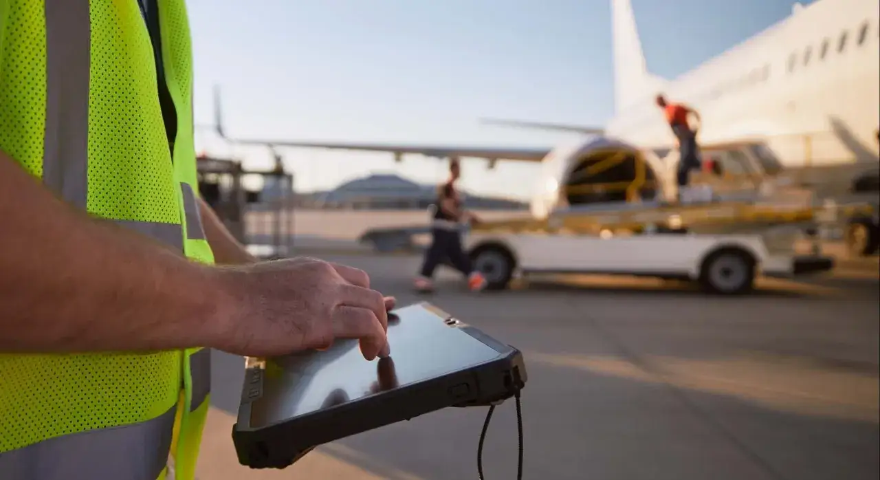 Persona con chaleco reflectante usa una tablet para trabajar en el aeropuerto. Detr&aacute;s, un avi&oacute;n y personal de tierra.