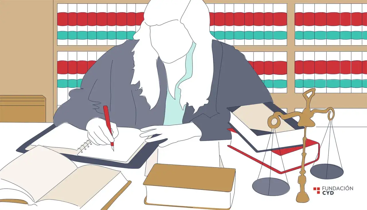 Estudiante de derecho, rodeado de libros, investiga cu&aacute;nto dura la carrera de derecho. La balanza de la justicia y el logo de Fundaci&oacute;n CYD completan la escena.