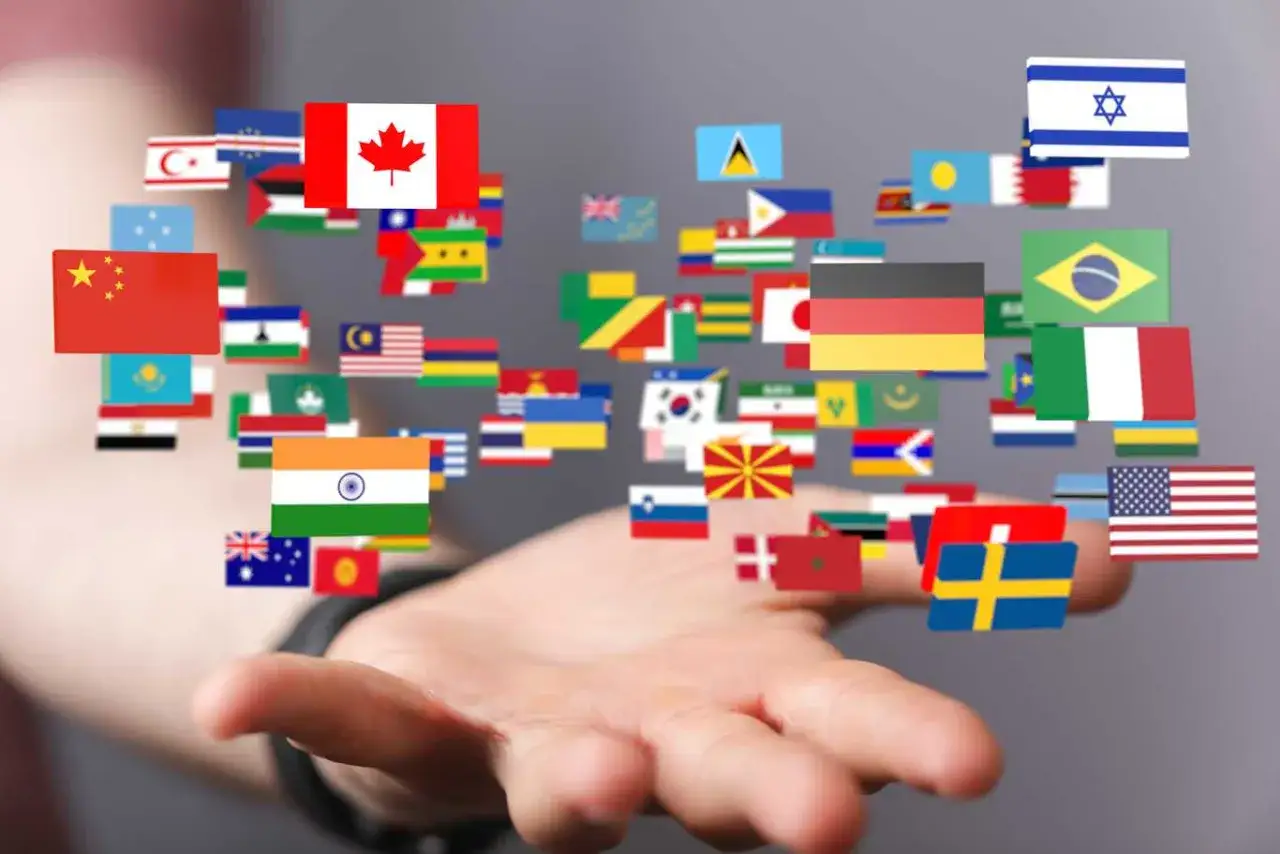 Mano abierta con banderas de muchos pa&iacute;ses flotando, simbolizando el alcance global del grado en derecho internacional.