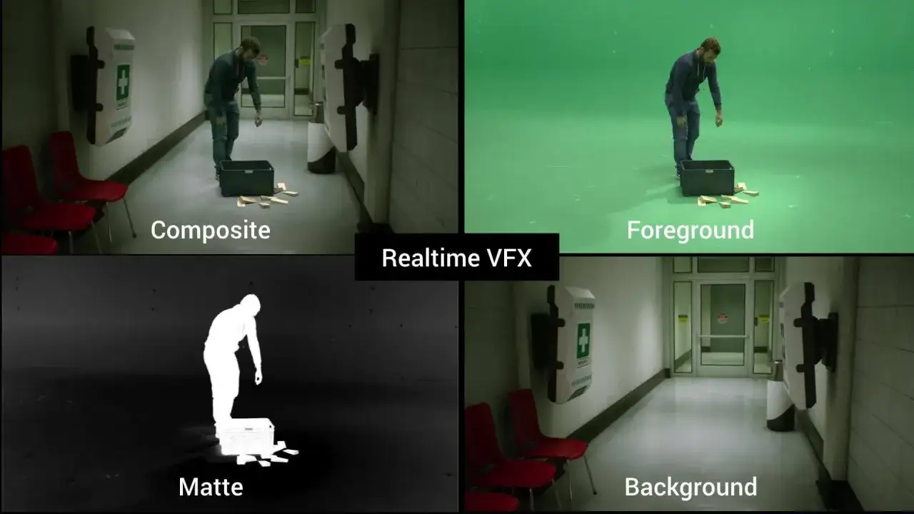 Demostraci&oacute;n de vfx que es: composici&oacute;n de un primer plano filmado sobre fondo verde con un fondo de pasillo.