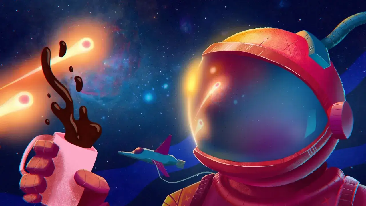 Un astronauta con casco rojo disfruta de un caf&eacute; espacial mientras una nave surca el cosmos. Este showreel que es, captura la magia de lo imposible.