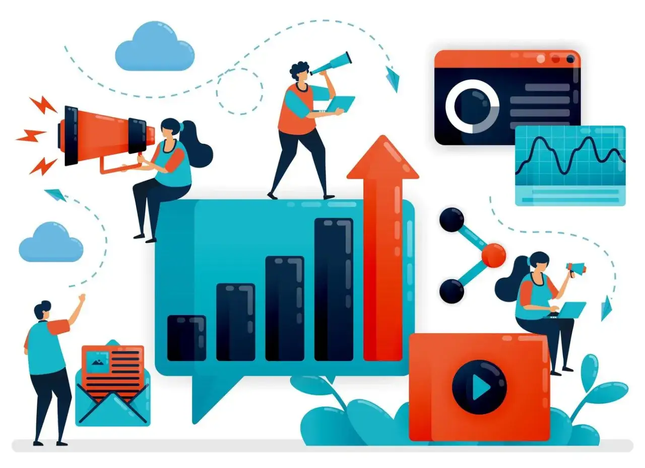 Personas trabajando en publicidad y marketing, analizando gr&aacute;ficos, usando meg&aacute;fonos y laptops para el crecimiento.