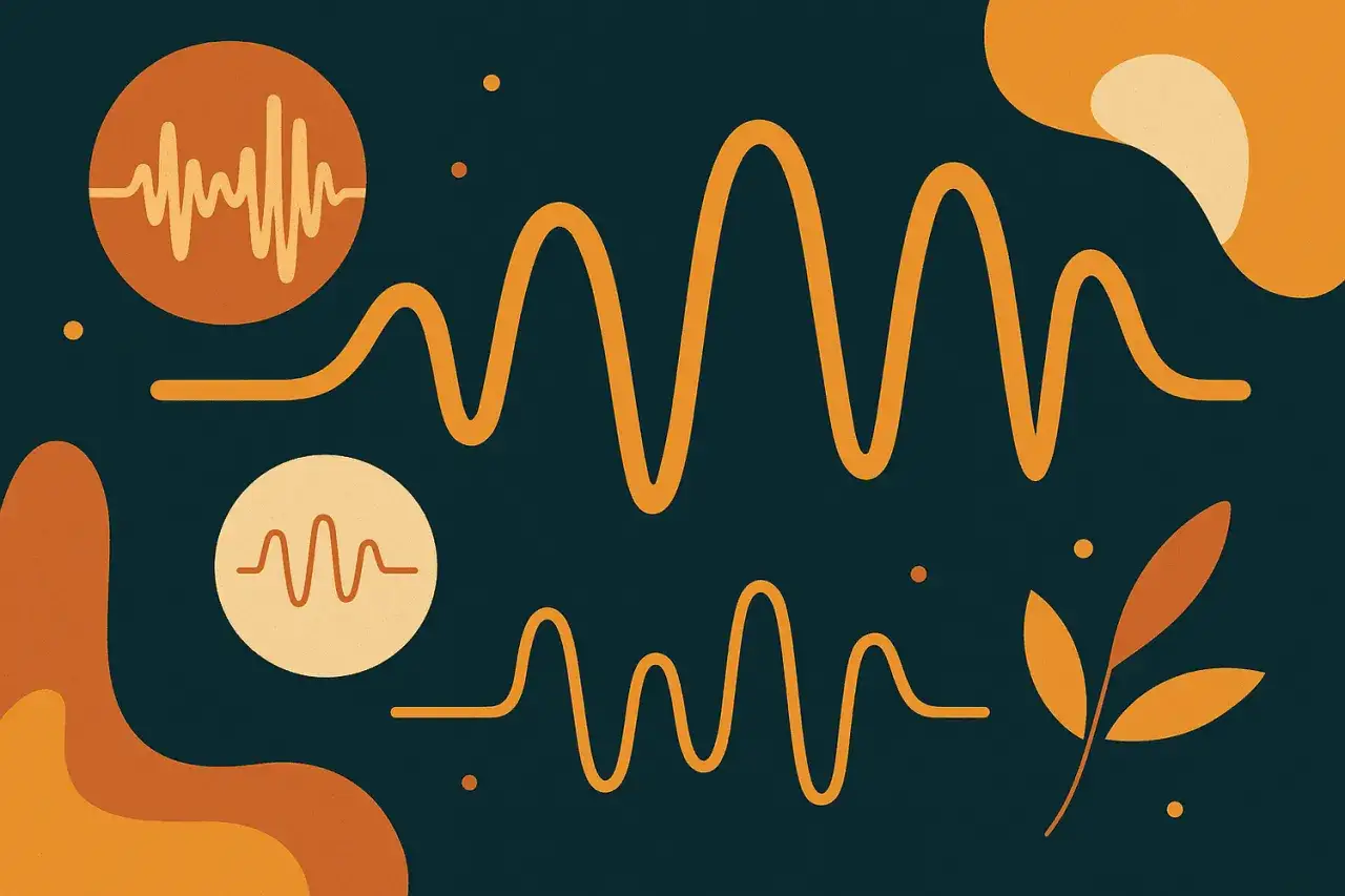 Ondas sonoras abstractas y formas orgánicas en tonos naranjas y beige sobre fondo azul oscuro. Ideal para audio sin copyright.
